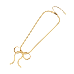 Elegant gold bow pendant necklace with a sleek snake chain and lobster clasp on white background