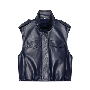 Dark blue faux leather vest with stand collar, shoulder straps and elastic hem for women