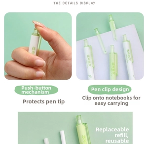 Detail view of the retractable green gel pen showing the refillable design and pen clip