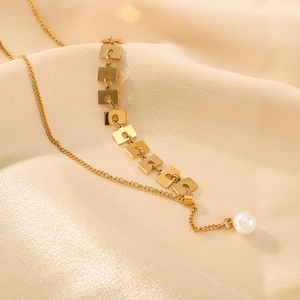 Geometric Square Link Necklace With Artificial Pearl Pendant 18K Gold Plated Stainless Steel Elegant Y-Shaped Jewelry For Women