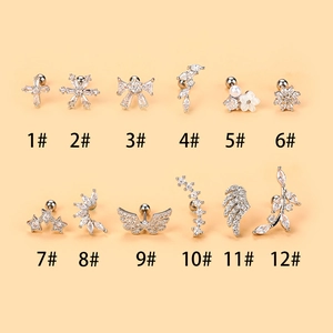 Stainless Steel Copper Cubic Zirconia Ear Cartilage Stud Helix Piercing Jewelry Cross Wing Snowflake Star Screw Back