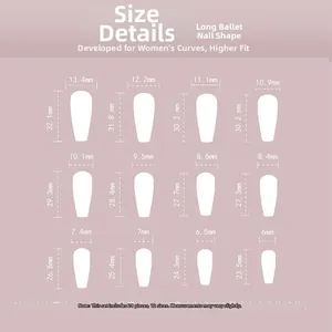 Guide des tailles pour faux ongles ballerine longs avec 12 dimensions et pack de 24