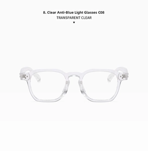 Detail shot of transparent square frame sunglasses C08 with blue light blocking lenses