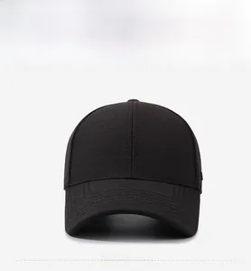 Front view of black twill cotton baseball cap showing detailed stitching and structured crown