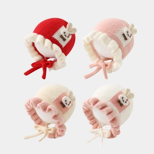 Toddler knitted beanie with lace trim and cute bunny patch in four assorted soft colors