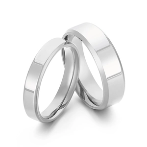 Polished minimalist stainless steel couple rings with double beveled edges in silver color