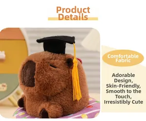 Close-up of plush capybara wearing a graduation cap on a purple polka dot cushion