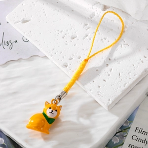 Shiba Inu charm with green scarf and yellow woven lanyard for bags or phones