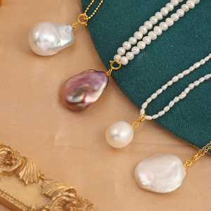 Baroque freshwater pearl pendants with S925 sterling silver gold-plated clasps on chains