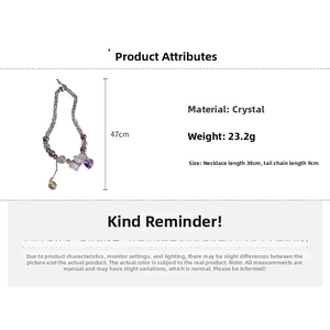Detail view of purple crystal bear necklace showing 38cm length and 23.2g weight specs