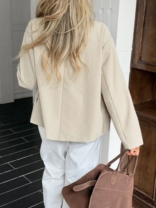 Women beige button long sleeve casual blazer for autumn vacation style back view