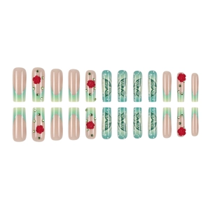 Long ballet press-on nails with mint green gradient, 3D red roses and butterfly designs
