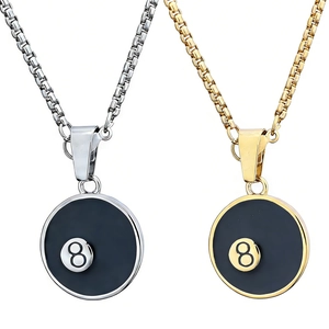 Billiards Black 8 Ball Pendant Necklace Stainless Steel Enamel Lucky Snooker Round Charm Jewelry For Men