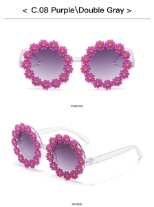 Front and 45-degree side view of purple daisy flower sunglasses for kids with grey lenses
