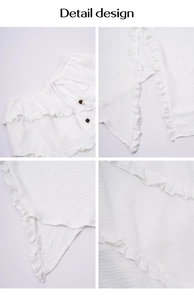 Detailed views of white lace-up waist skirt with elegant ruffle trim and light fabric