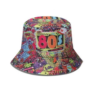 Detail of 80s 90s vintage disco party bucket hat with colorful graffiti pop art prints