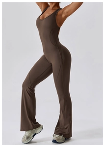 Close-up of dark brown backless flared yoga jumpsuit with slimming seams and high-stretch fabric