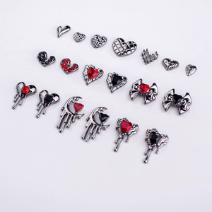 Gothic style heart nail art charms in gunmetal alloy with red and black rhinestones