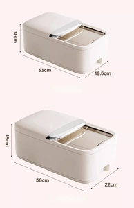 Size chart for white sealed rice containers in 5kg and 10kg capacities for home storage