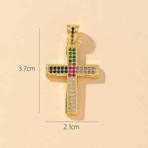 Detail of 3.7x2.1cm gold-plated cross pendant with multicolored cubic zirconia inlay