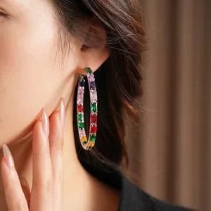 Elegant large silver hoop earrings featuring colorful rectangular cubic zirconia stones