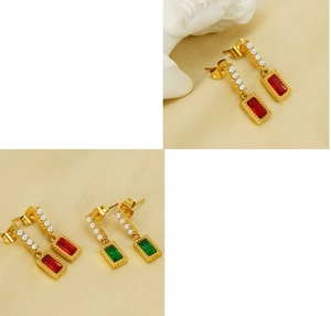 Macro view of French vintage square gemstone earrings with pearls and 18k gold plating