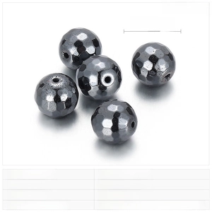 Macro view of 12mm faceted hematite beads showing metallic luster and precise geometric cuts