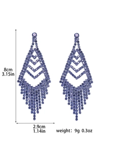 Detailed view of long purple rhinestone tassel earrings with size and weight specs