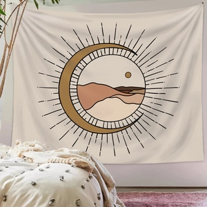 Bohemian sun and moon landscape tapestry in earthy tones for cozy bedroom wall decor