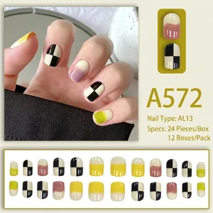 Checkerboard pattern short press-on nails with pink and yellow gradients, 24 pieces set