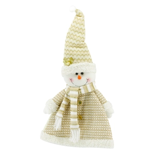 Christmas snowman plush doll in cream and gold knit fabric for festive holiday decoration