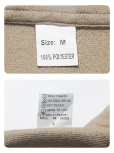 Macro detail of the neck label and 100% polyester material tag on khaki knit shirt