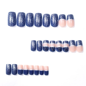 24pcs French blue press-on nails with silver glitter and black leaf designs for women