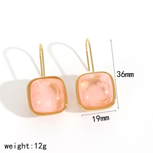 Detailed view of pink resin square earrings with dimensions 36mm and 19mm on white background