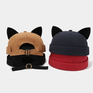 Unisex canvas Docker hat with creative cat ears and adjustable metal strap in four colors