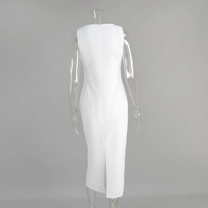 Rear view of white midi dress showing invisible back zipper and hem slit detail