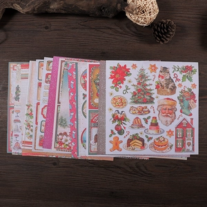 Classic vintage Christmas scrapbook paper set with festive illustrations on wood background