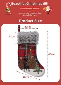 Detailed size specifications for a 46cm red plaid Christmas stocking with elk pattern