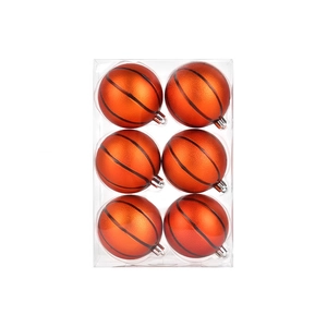 Set of 6 orange basketball-themed Christmas ornaments in a clear display box