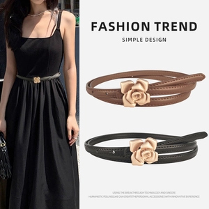 Women Genuine Leather Thin Belt Elegant Gold Rose Flower Buckle Decorative Waist Belt For Dresses Sweaters