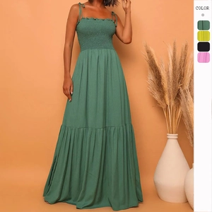 Women Summer Maxi Dress Smocked Bodice Spaghetti Tie Straps Tiered Layered Long Sun Dress Bohemian Vacation Solid Color