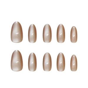 Handmade almond champagne gold cat-eye press-on nails set with glossy shimmer finish