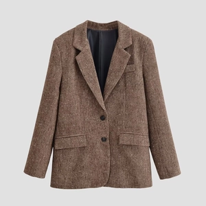 Veste Blazer Femme Marron Tweed À Chevrons Revers Manches Longues Décontracté Bureau Style Britannique Rétro Mode