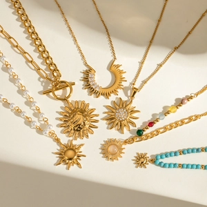 Stainless Steel Sun Pendant Necklace For Women 18K Gold Plated Bohemian Zircon Turquoise Artificial Pearl Bead Chain Jewelry