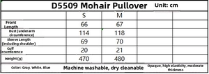 Size chart detail for mohair pullover sweater showing measurements and care instructions