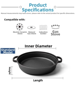 Detailed cast iron pan dimensions with induction and gas stove compatibility icons