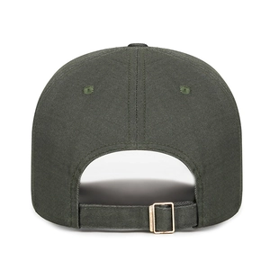 Back view of dark olive camo baseball cap featuring adjustable metal buckle and embroidery