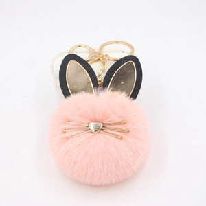 Cute Cat Faux Fur Pom Pom Keychain For Women Bag Charm Metal Whiskers Synthetic Leather Ears Alloy Ring