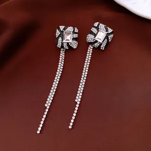 Vintage Square Tassel Drop Earrings Alloy Rhinestone Black Enamel Luxury Jewelry With Silver Earring Post For Women