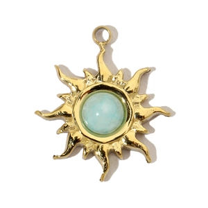 Detailed close-up of sunburst gold pendant featuring a round blue natural stone inlay